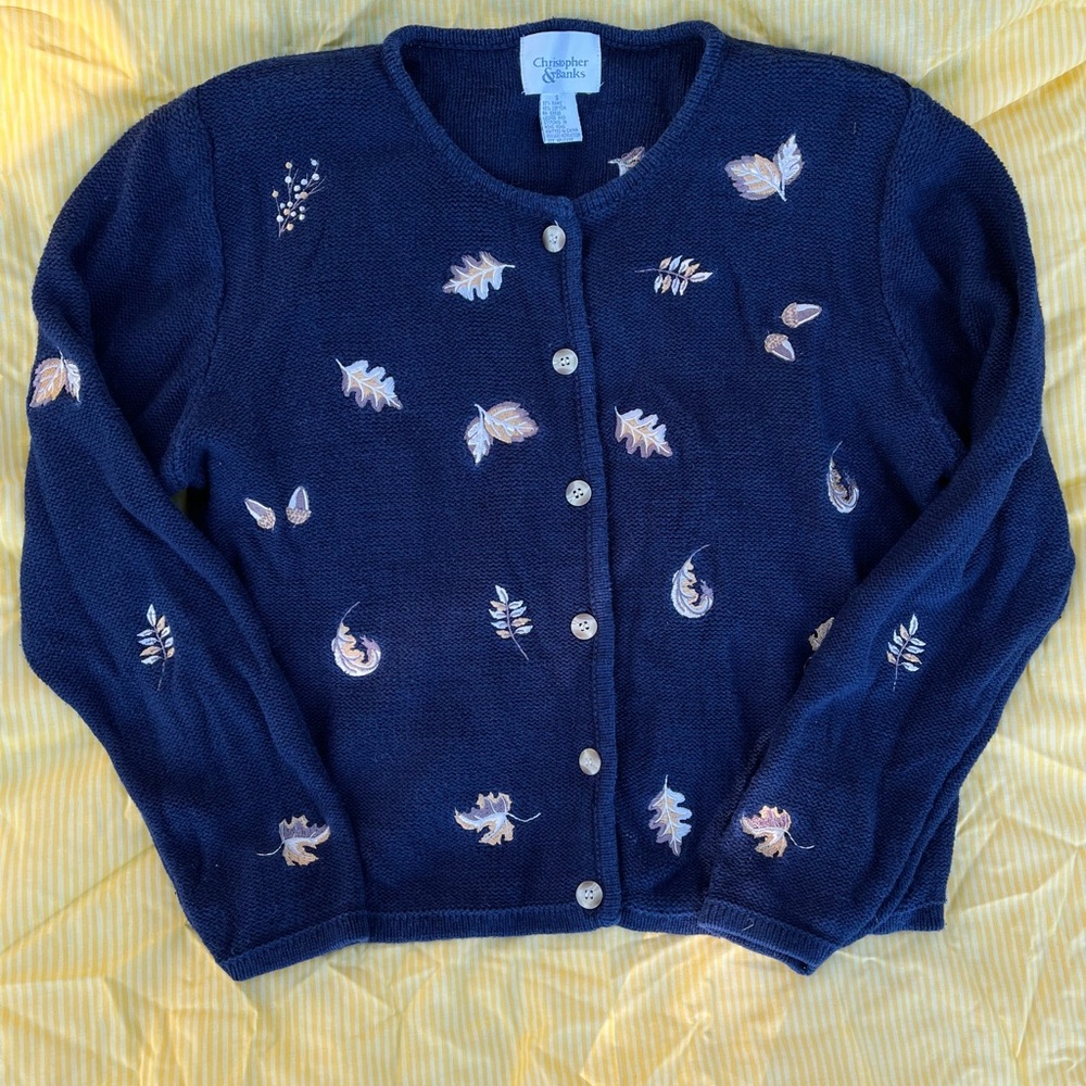 Christopher & Banks Navy Cardigan with leaf Embroidery